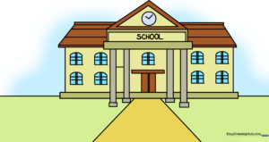 A colorful, finished drawing of a school building with a clock and pathway.