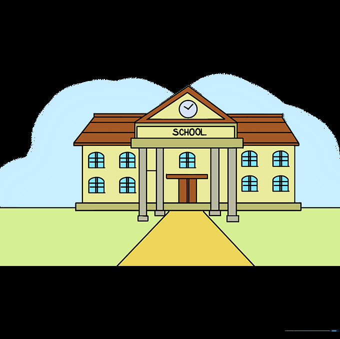 A fully colored school building with yellow walls and a brown roof.