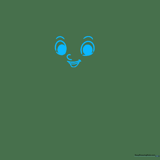Close-up sketch of a cartoon schoolgirl's face showing expressive eyes, eyebrows, and a smiling mouth.