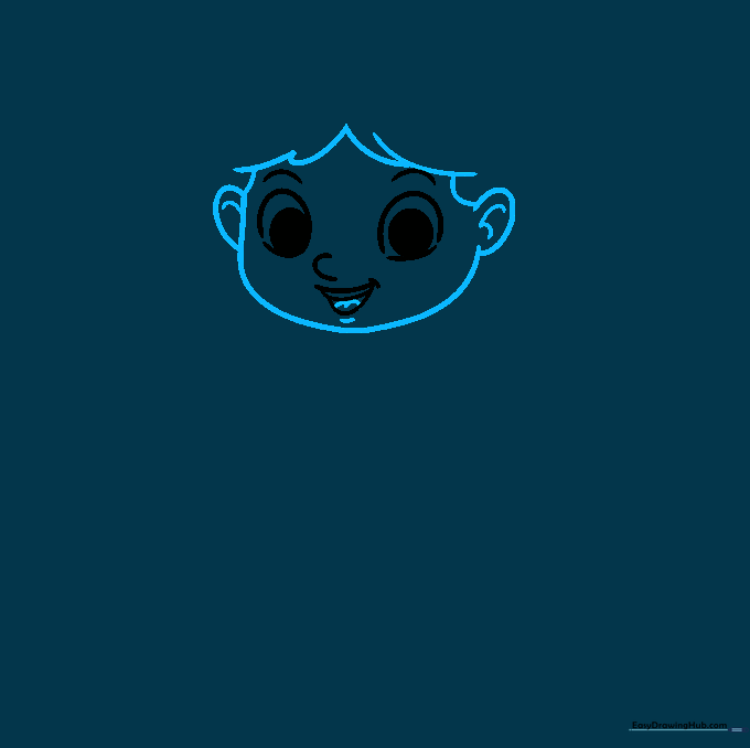 Drawing the outline of a girl's face shape and ears using curved lines.