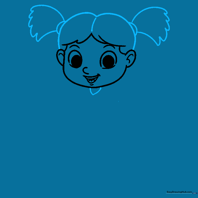 Adding hair, pigtails with hair ties, and a shirt collar to the schoolgirl drawing.