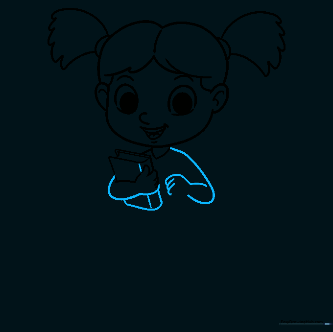 Drawing the second arm and shoulder to complete the upper body of the schoolgirl.