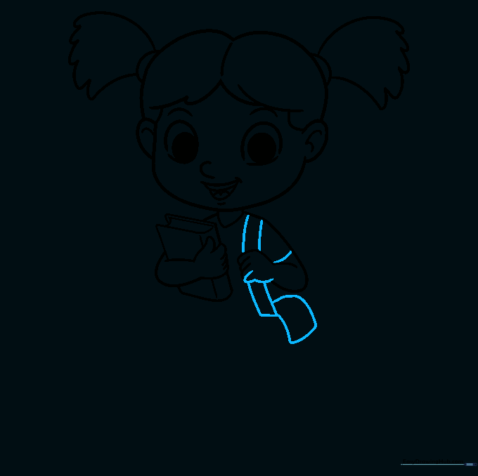 Drawing a messenger bag strap and flap over the girl's shoulder.