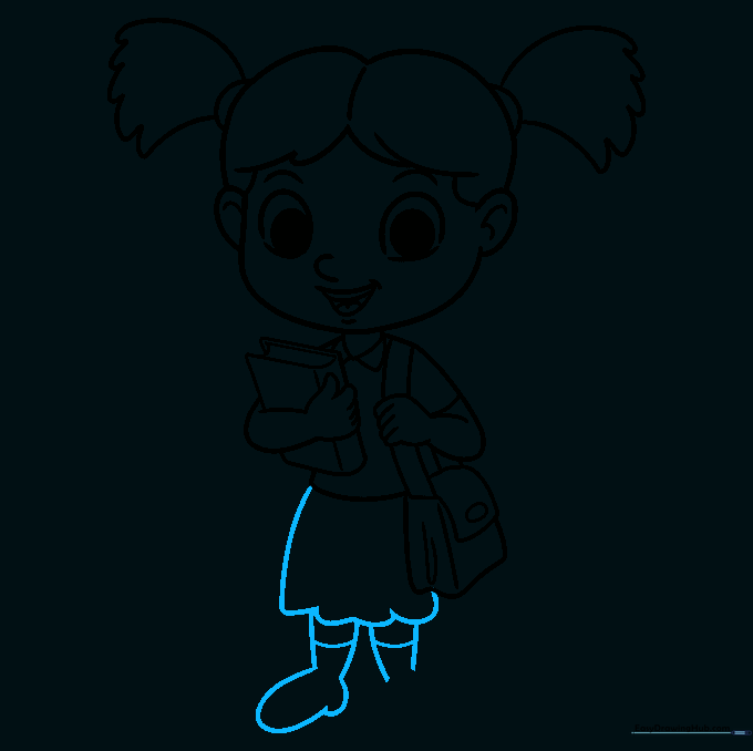 Drawing the skirt, legs, and socks of the schoolgirl.