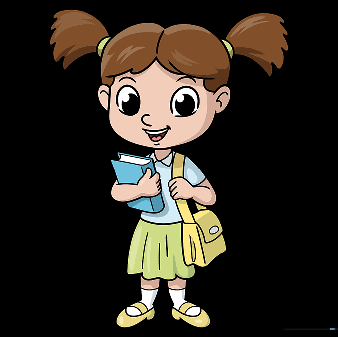 A fully colored cartoon schoolgirl drawing with vibrant colors.