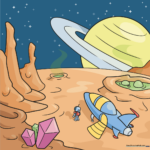 A vibrant, completed sci-fi landscape featuring a rocket, astronaut, and ringed planet.