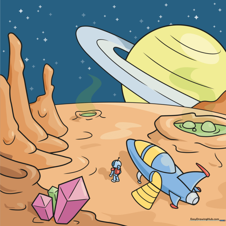 A vibrant, completed sci-fi landscape featuring a rocket, astronaut, and ringed planet.