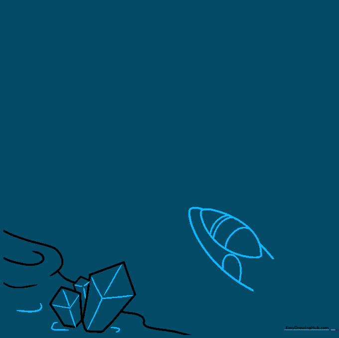 Outline of a rocket ship fuselage with a cockpit and doorway added to the landscape.