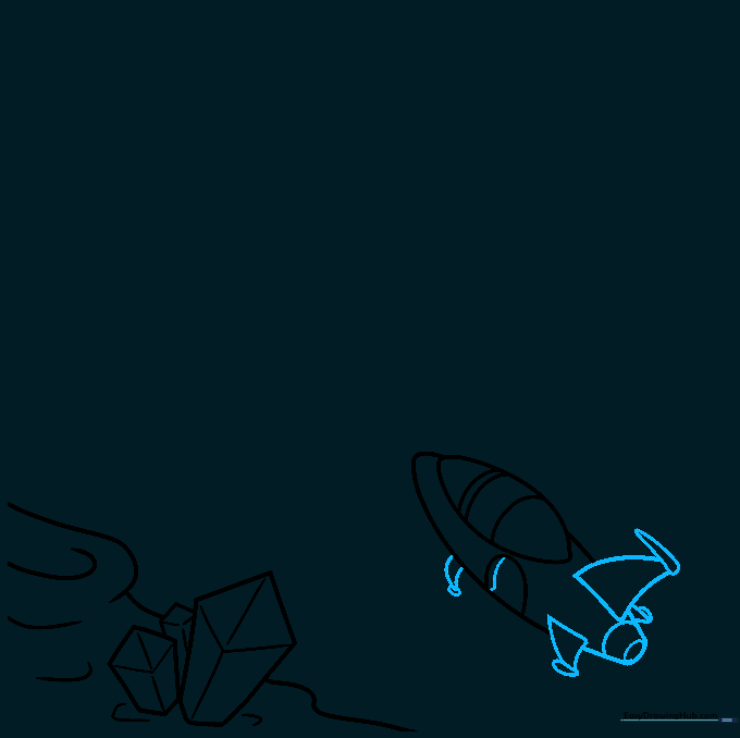 Rocket ship with added triangular fins, landing gear, and engine exhaust details.