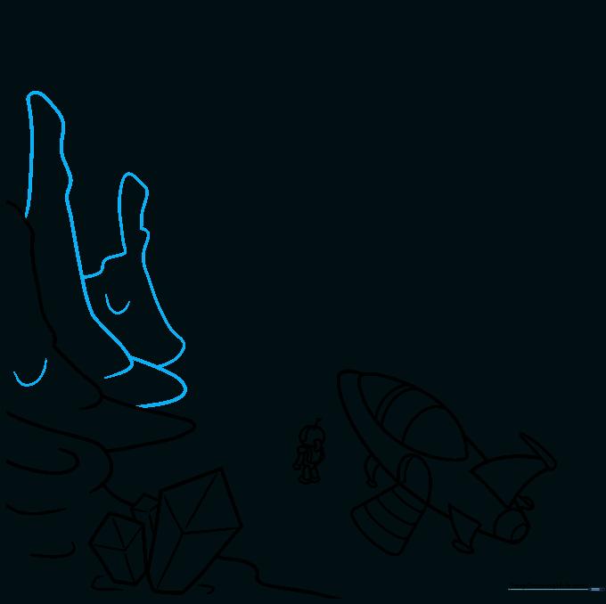 Multiple rocky formations added to the alien landscape to create depth.