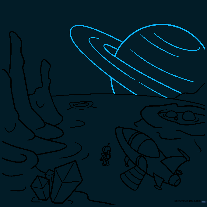 A large ringed planet appearing in the sky above the landscape.