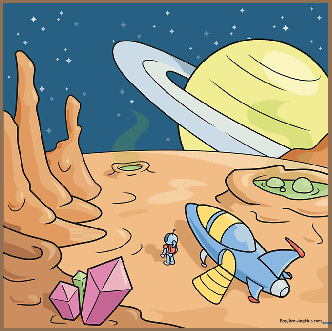 A fully colored sci-fi landscape drawing with vibrant space colors.