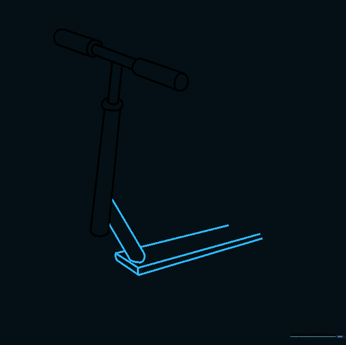 The flat deck of the scooter attached to the steering column.