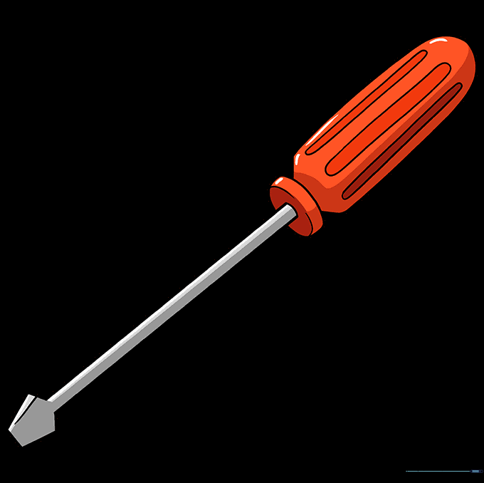 The finished, colored screwdriver drawing with red handle and metallic blade.