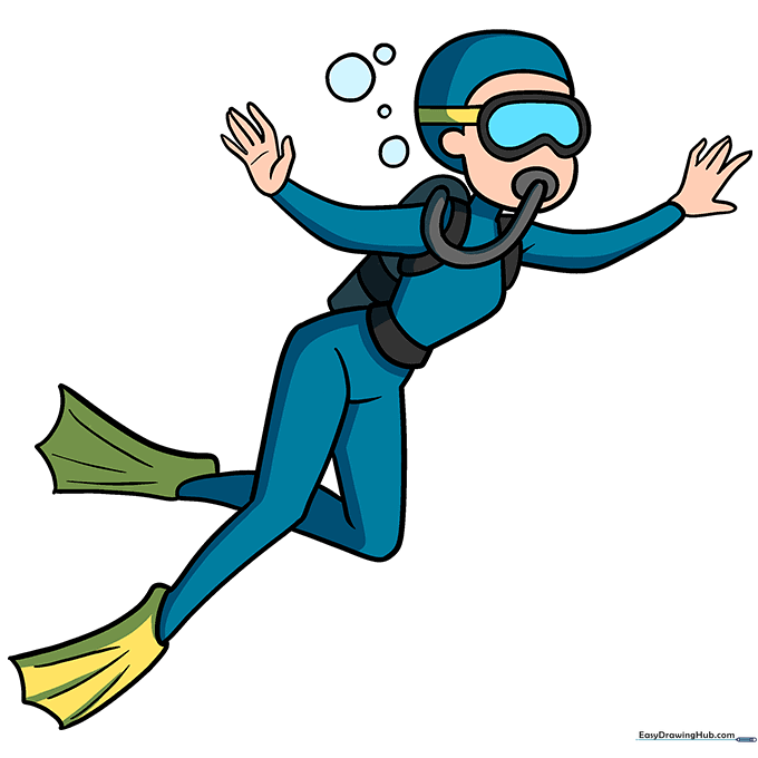 A fully colored, vibrant illustration of a scuba diver.