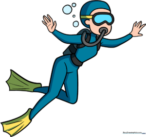 A colorful, finished drawing of a scuba diver swimming with bubbles.