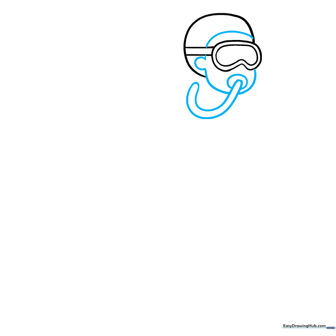 Drawing the diver's breathing regulator and air hose connected to the face.
