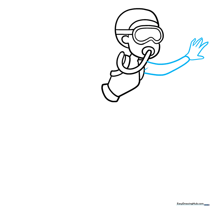 Drawing the first arm and hand of the scuba diver.