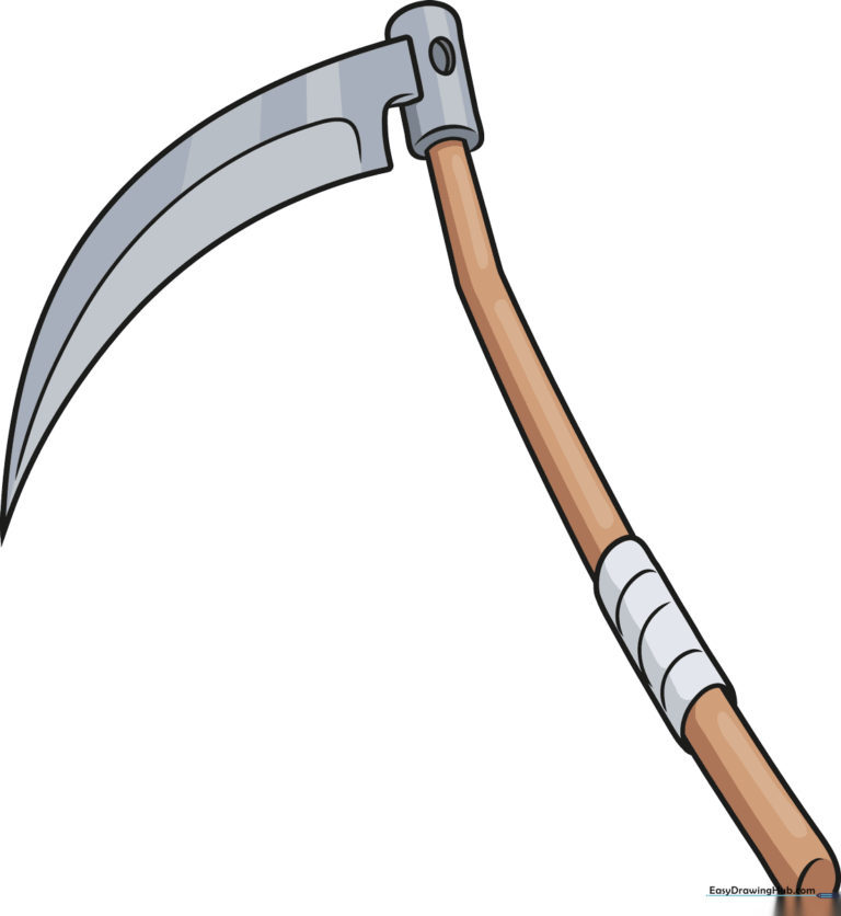 A finished, colorful illustration of a classic farming scythe.