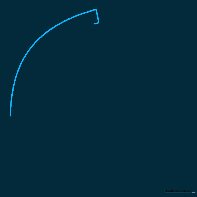 A pencil sketch showing the initial curved top line and L-shaped heel of a scythe blade.