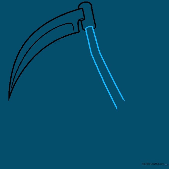 Drawing the long, slightly curved wooden handle of the scythe.