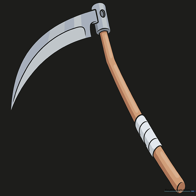 The completed, colored scythe drawing with a grey blade and brown handle.