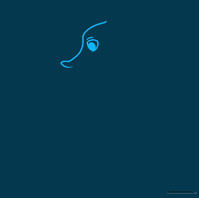 Pencil sketch showing the initial curved line for a seahorse head and the placement of the eye.