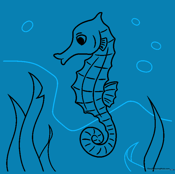 Adding the seabed horizon line and bubbles to complete the drawing.
