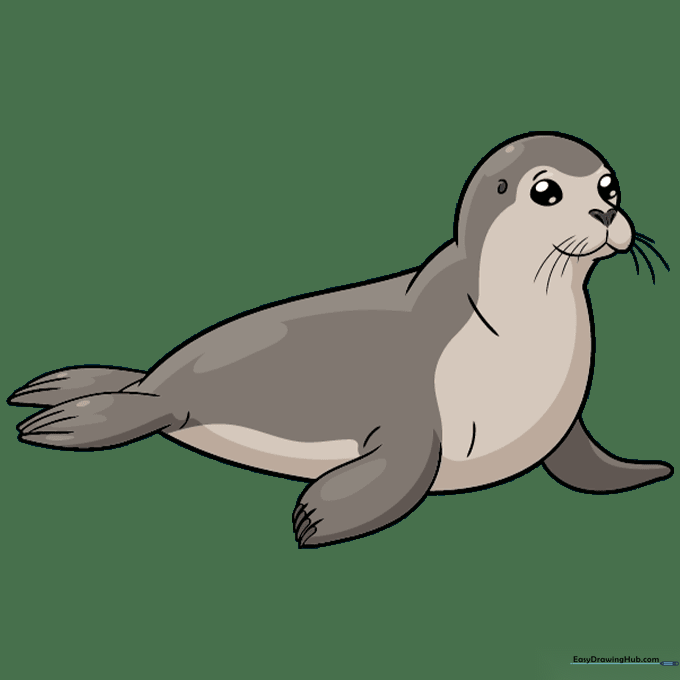 A finished, colored cartoon seal with spots and shading.