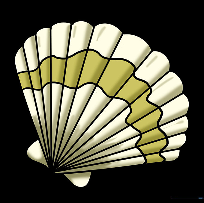 A fully colored, vibrant seashell drawing with shading and texture.