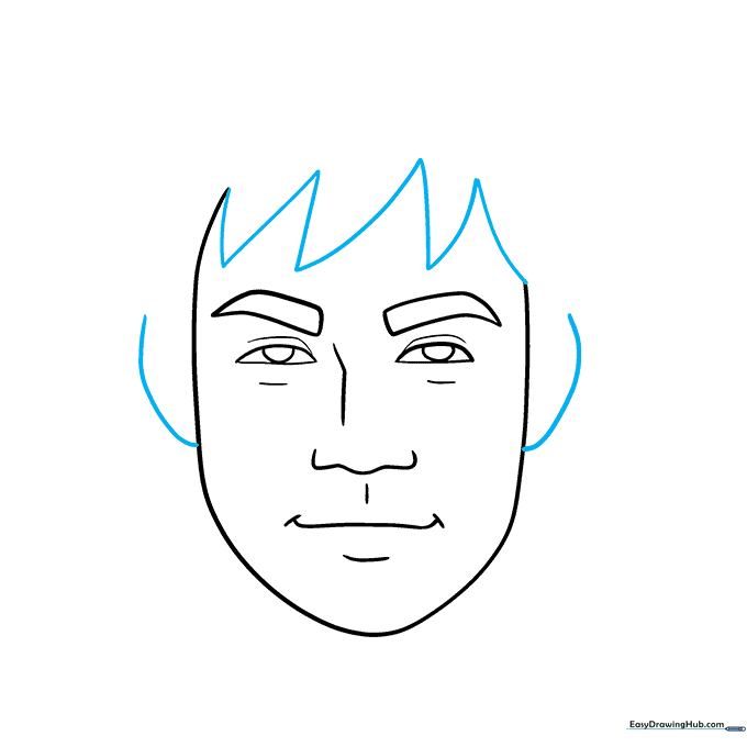 Sketch showing the addition of ears and a basic hairline structure.