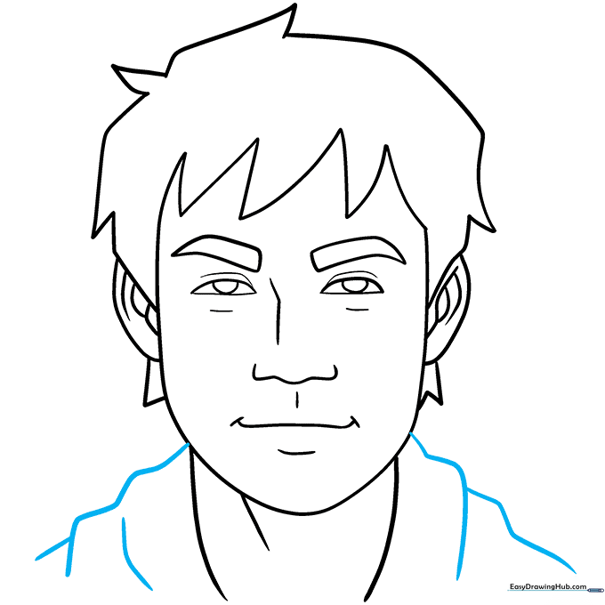 Completed line art of a self-portrait with shoulders and clothing details.