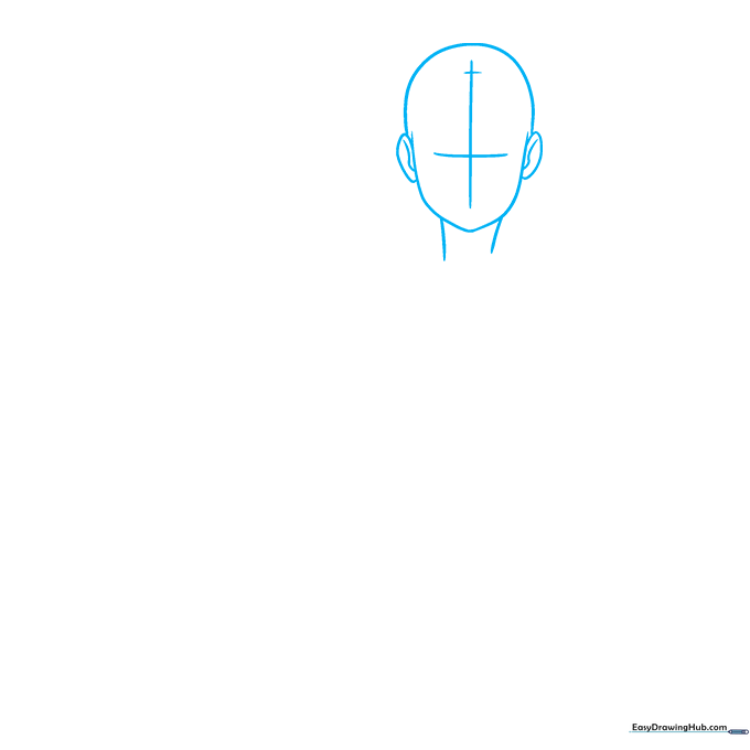 Pencil sketch showing a basic anime head shape with facial construction guidelines.