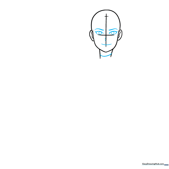 Detailed sketch of anime facial features including eyes, nose, and mouth on construction lines.