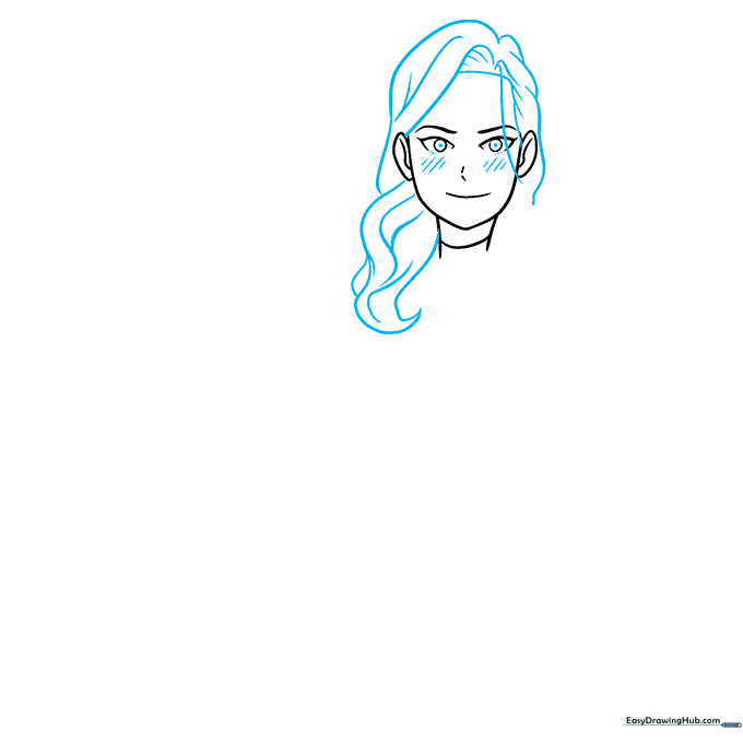 Anime girl sketch with hair added and blush marks on cheeks.