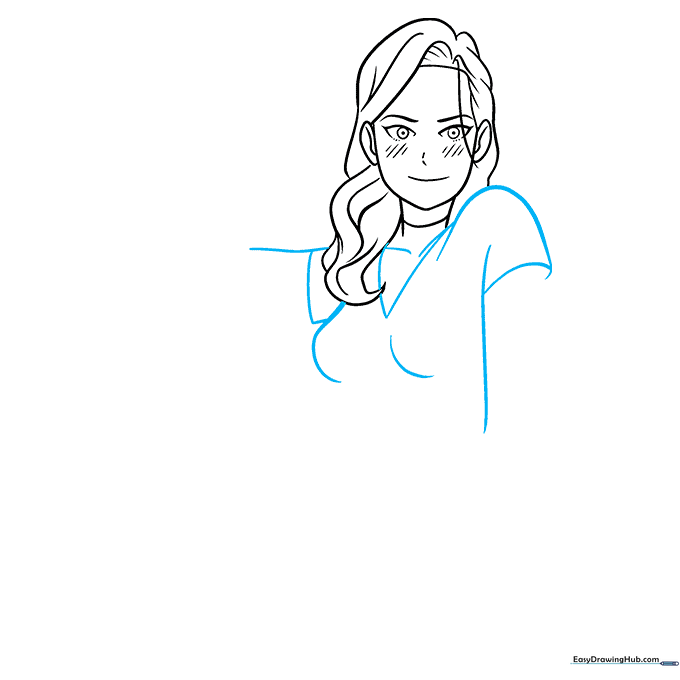 Upper body outline of an anime character showing shoulders and shirt neckline.