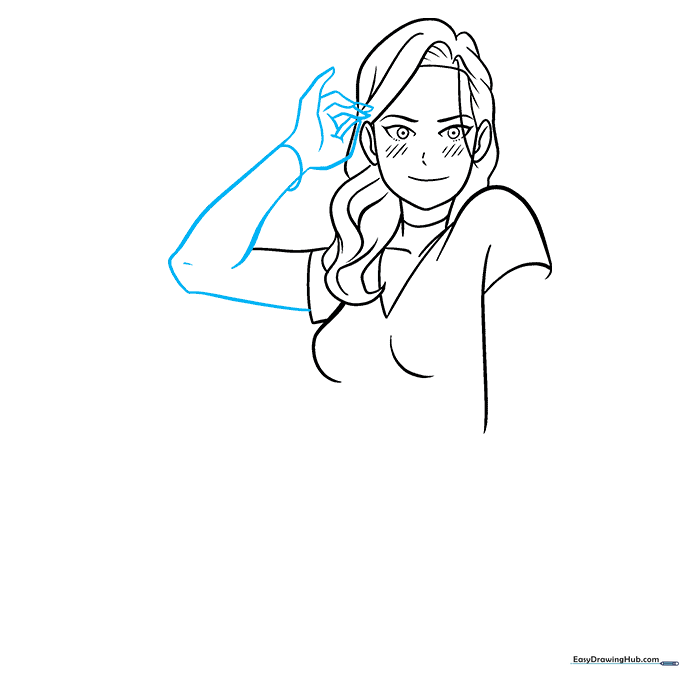 Sketch showing an anime arm raised with hand touching hair.
