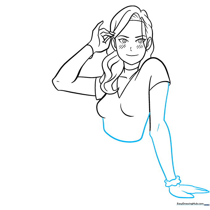 Detailed sketch of the torso and arms of an anime character.