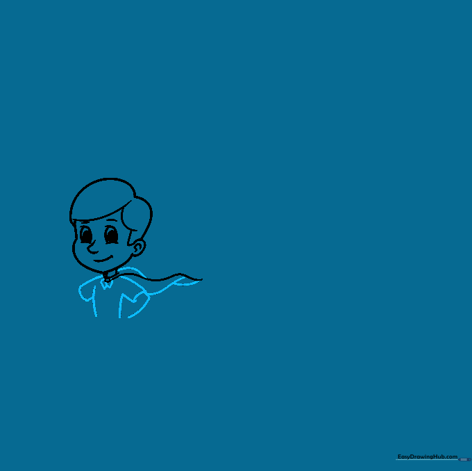 Drawing the torso of the superhero with a flowing cape and arm outlines.