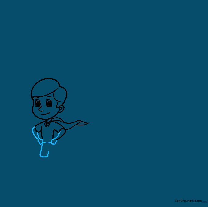 The character's arms, hands, and shorts are now fully outlined.