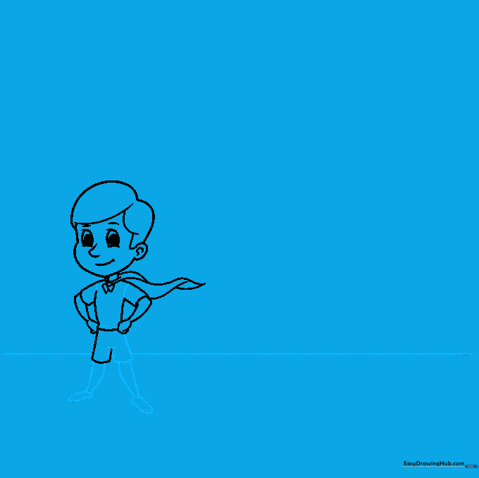 Character's legs and shoes added, with a horizontal line drawn behind to indicate the ground.