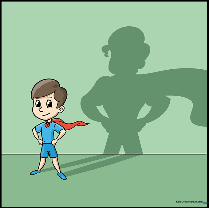 Finished colored drawing of a superhero and his shadow.