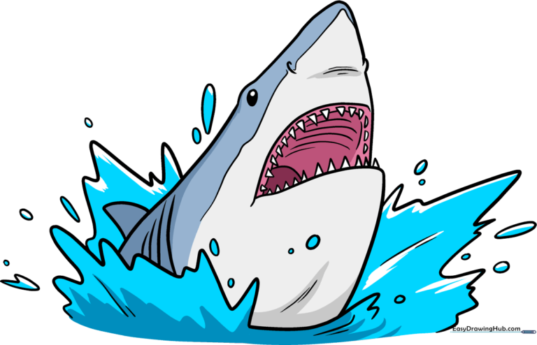 A colorful, finished drawing of a shark head emerging from the water.