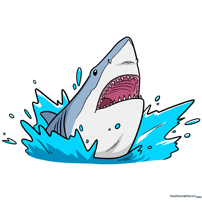 Fully colored shark head drawing with blue skin and water details.