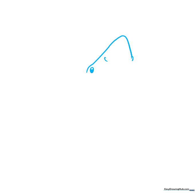 Pencil sketch showing a simple oval head shape and a circular eye for a shark drawing.