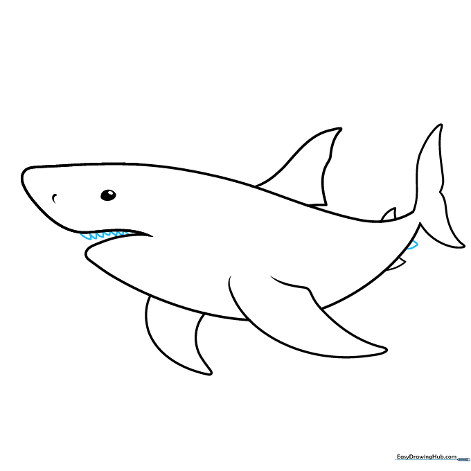 Drawing sharp, triangular shark teeth inside the open mouth.