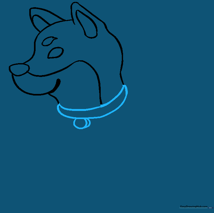 Line drawing of a dog collar and circular name tag added to the Shiba Inu's neck.