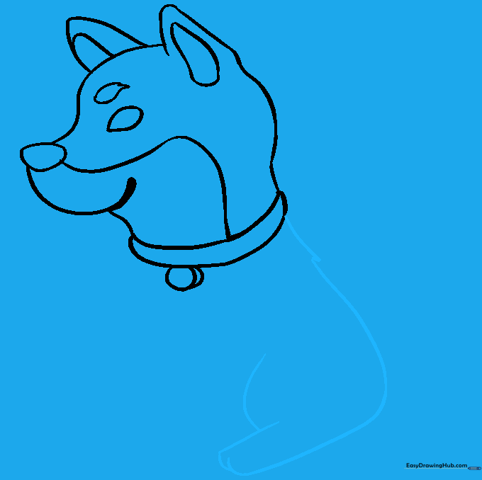 Drawing showing the outline of the Shiba Inu's back and rear leg with fur texture details.
