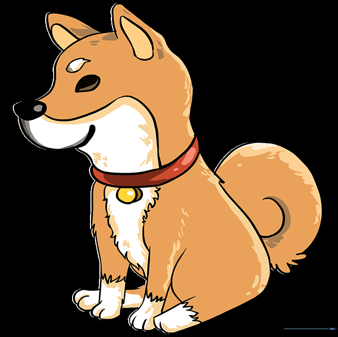 Final colored drawing of a Shiba Inu with ginger and white fur.