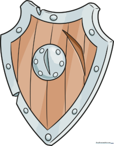 A completed, colorful cartoon shield illustration designed for children's art projects.